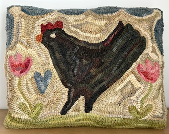 Primitive Folk Art Wool Hooked Rug Pillow ~ Miss Penny Chicken