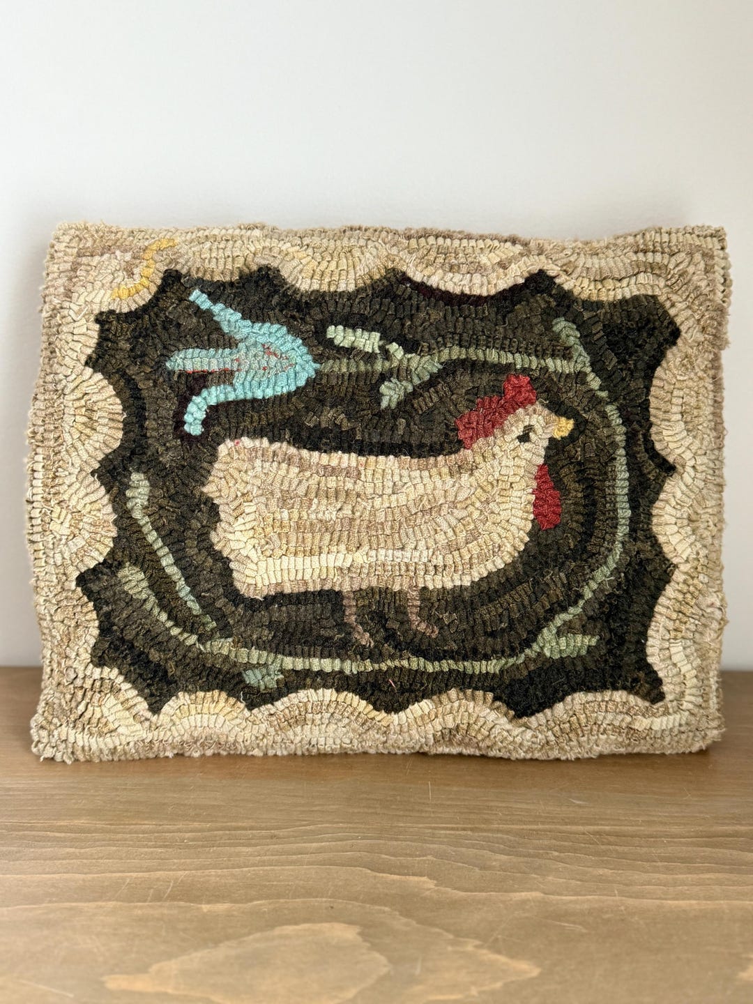 Primitive Wool Rugs American Primitive Folk Art ~ Wool Hooked Rug Chicken Pillow ~ Martha's ...