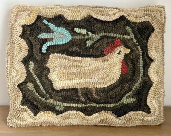 American Primitive Folk Art ~ Wool Hooked Rug Chicken Pillow ~ Martha's Favorite Hen
