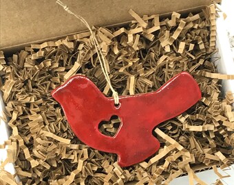 Rustic Red Bird Redware Pottery Ornament