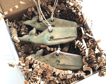 Set of 3 Rustic Nantucket Whale Redware Pottery Ornaments ~ Cape Cod Blue