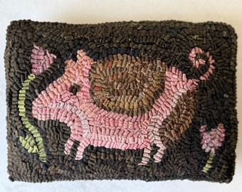 Primitive Folk Art Hooked Rug Pink Pig Pillow With Tulips