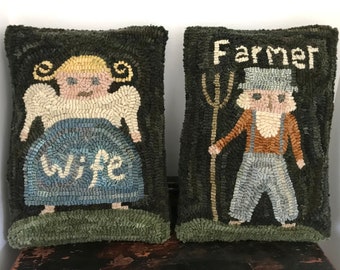 Plump Wife and Farmer Primitive Folk Art Hooked Rug Pillow Set