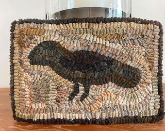 Primitive Folk Art Hooked Wool Mini Rug ~ Little Black Crow  ~