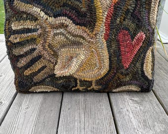 American Folk Art Wool Hooked Rug - Turkey and Heart Pillow
