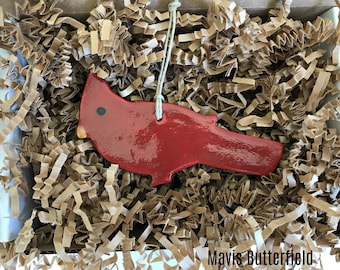 Primitive Folk Art Cardinal Bird Redware Pottery Ornament
