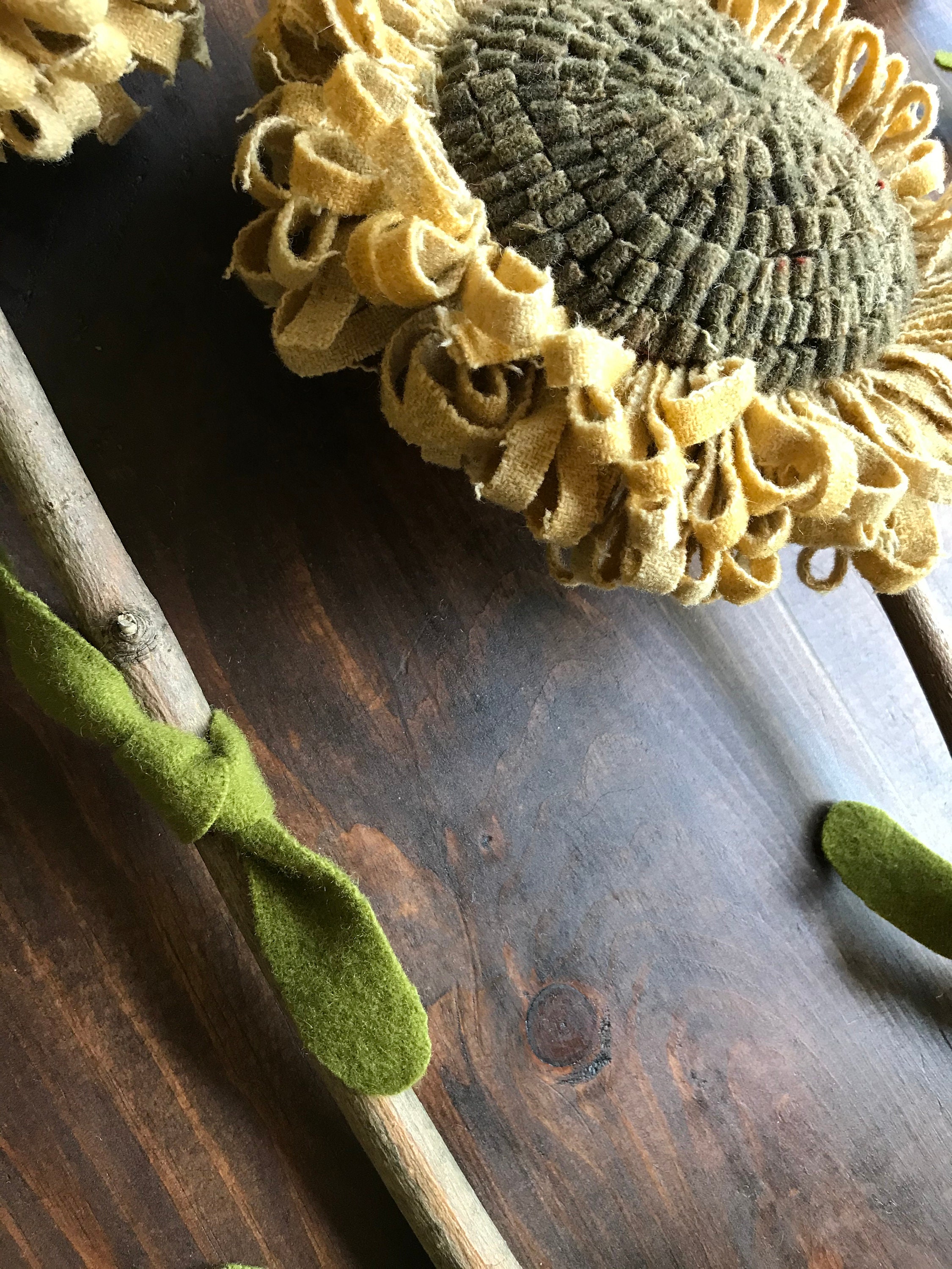 Set of 3 GIANT Primitive Folk Art Wool Hooked Rug Sunflowers