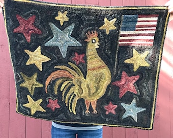 Primitive American Flag Chicken Wool Hooked Rug - Yankee Doodle ***