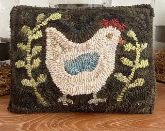 Folk Art Primitive Wool Hooked Rug Chicken PILLOW