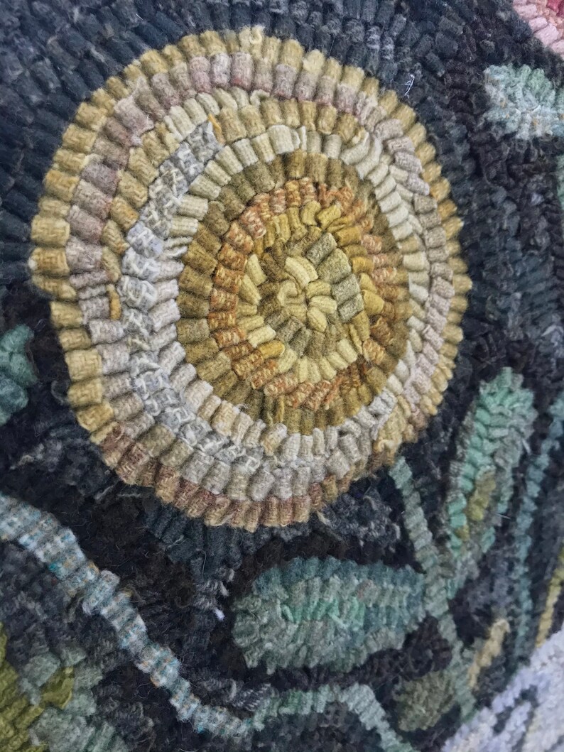 Primitive Folk Art Wool Hooked Rug Flowers for Lucy ~ Early Style
