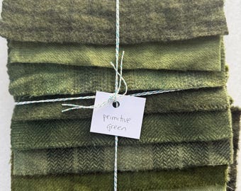 Hand Dyed Wool Fabric, 8 Primitive Green Fat 1/16 Sixteenth for Primitive Rug Hooking