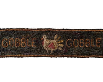 Primitive Folk Art Wool Hooked Rug ~ Gobble Gobble Turkey Table Runner