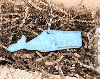 Rustic New England Whale, Nantucket Folk Art Redware Pottery Ornament ~ Nantucket Blue