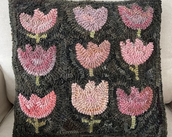 Primitive Folk Art Wool Hooked Rug Pillow ~ 9 Tulips