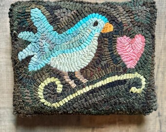 Primitive Folk Art Wool Hooked Rug Blue Bird PILLOW