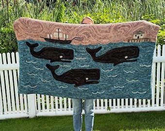Primitive Folk Art Whale Hooked Wool Rug ~ Sailor's Delight