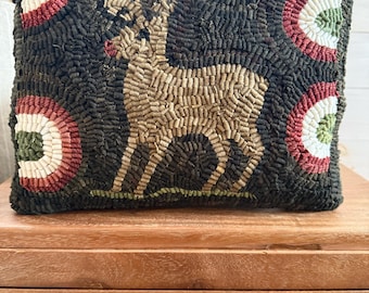 Rudolf - Primitive Folk Art Wool Hooked Rug Pillow