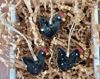 Set of 3 Mini Redware Black Speckled Chicken Pottery Ornaments ~ Primitive Folk Art