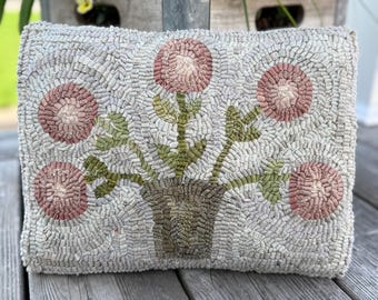 Primitive Folk Art Basket of Spring Pink Posies Hooked Rug Pillow