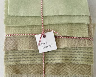 Hand Dyed Wool Fabric Bundle, Mint Cream Green, Rug Hooking