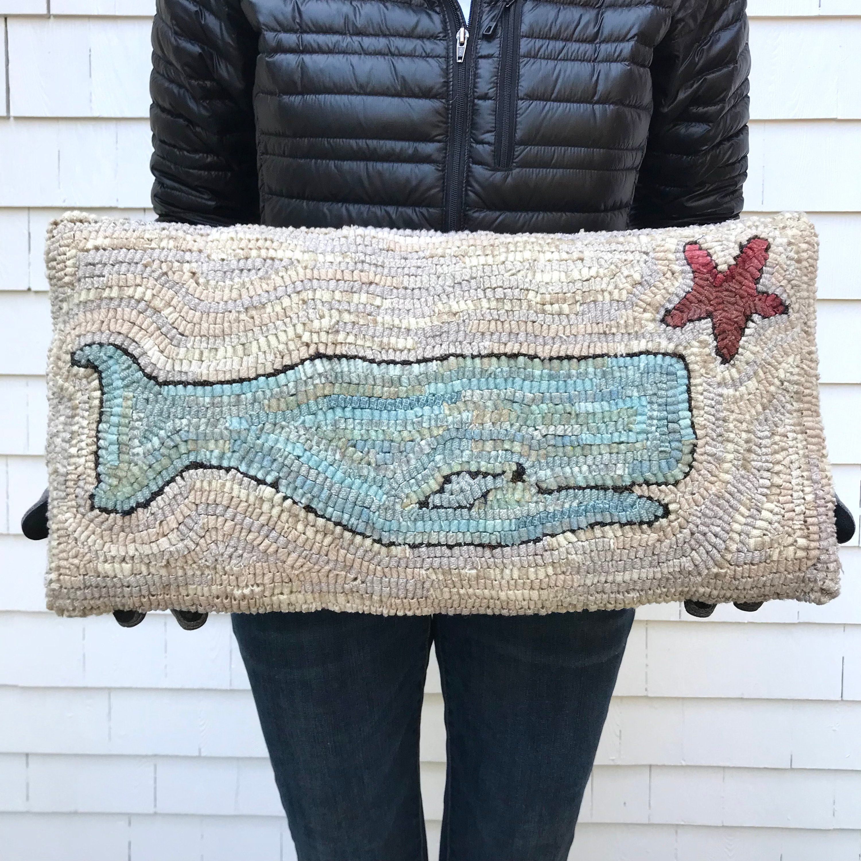 Buy Primitive American Folk Art Wool Hooked Rug Pillow Nantucket Whale Olde  Blue Online in India 