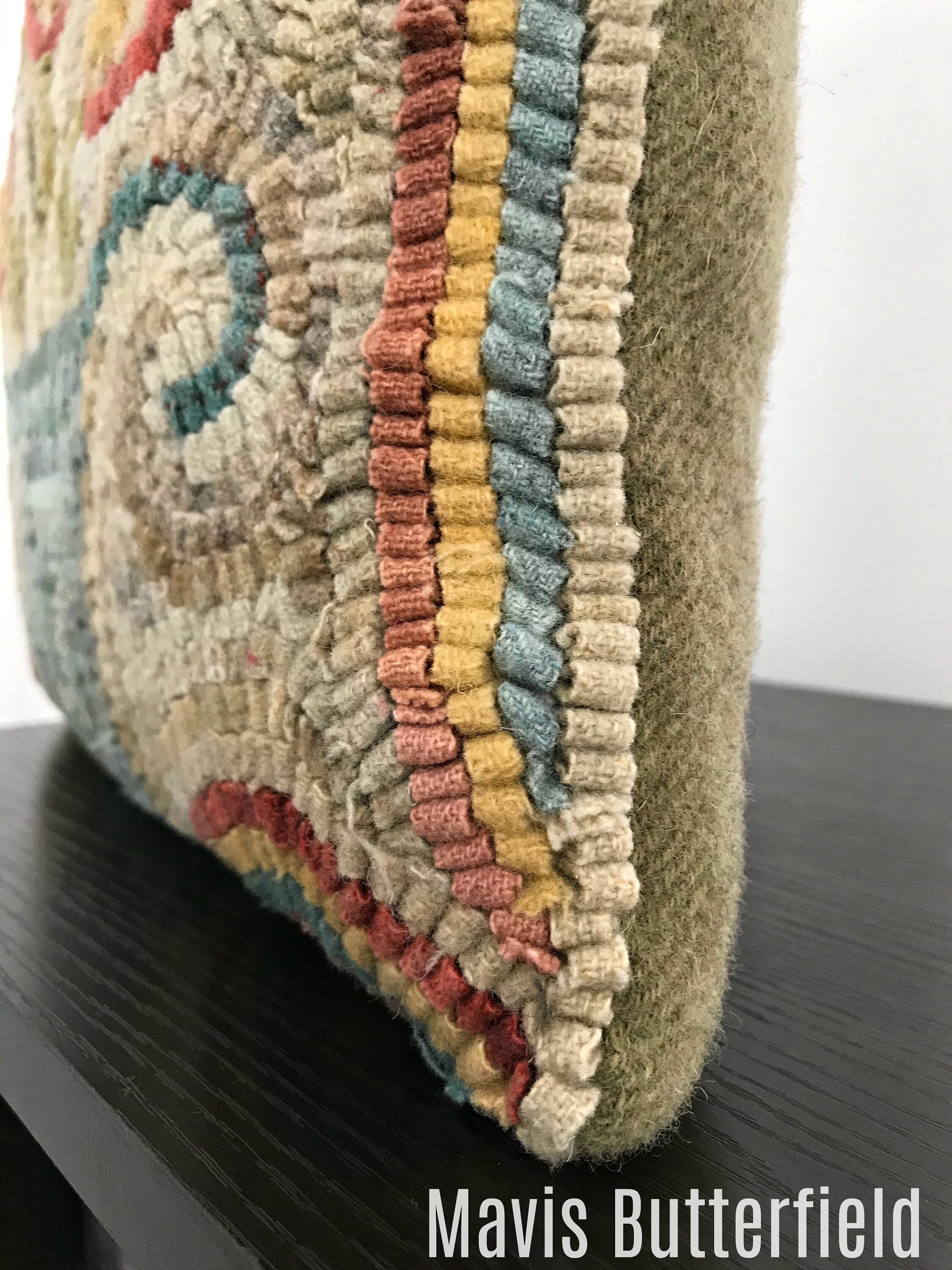 American Folk Art Primitive Wool Hooked Rug Pillow Flowers for Lucy