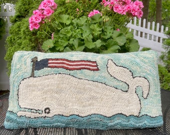 Primitive American Folk Art ~ Wool Hooked Rug Pillow ~ Nantucket Whale With American Flag ~