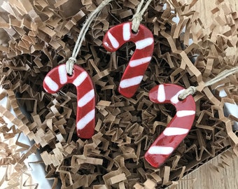 Set of 3 Mini Redware Candy Cane Pottery Ornaments ~ Primitive Folk Art