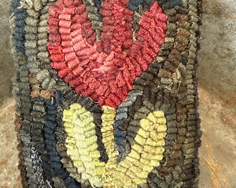 Primitive Folk Art Wool Hooked Rug Pillow ~ Red Tulip