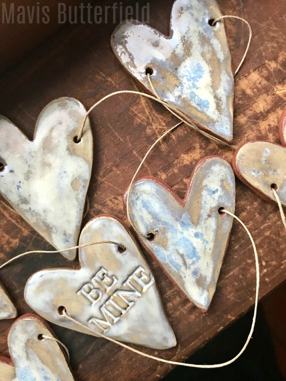 Rustic Redware Pottery Be Mine Ocean Blue Hearts Banner Etsy