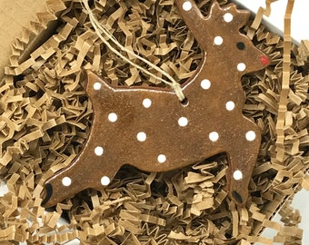 Rustic Polka Dot Reindeer Redware Pottery Ornament