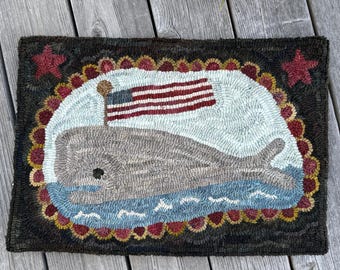 Whale With American Flag Folk Art Primitive Wool Hooked Rug