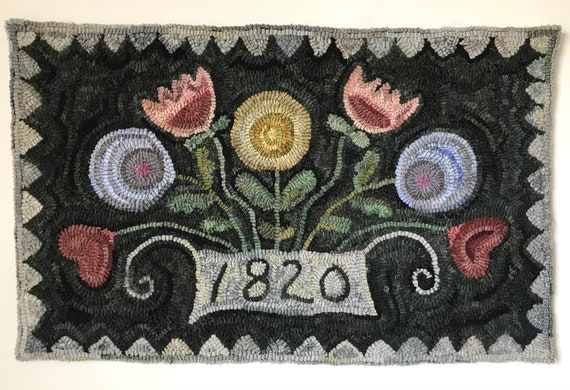 Primitive Folk Art Wool Hooked Rug Flowers for Lucy ~ Early Style