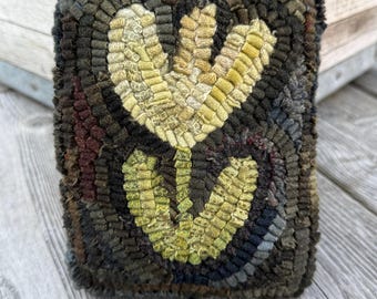 Primitive Folk Art Wool Hooked Rug Pillow ~ Maize Yellow Tulip