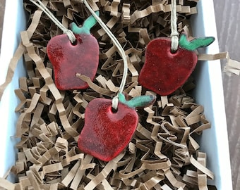 Set of 3 Mini Redware Apple Pottery Ornaments ~ Primitive Folk Art