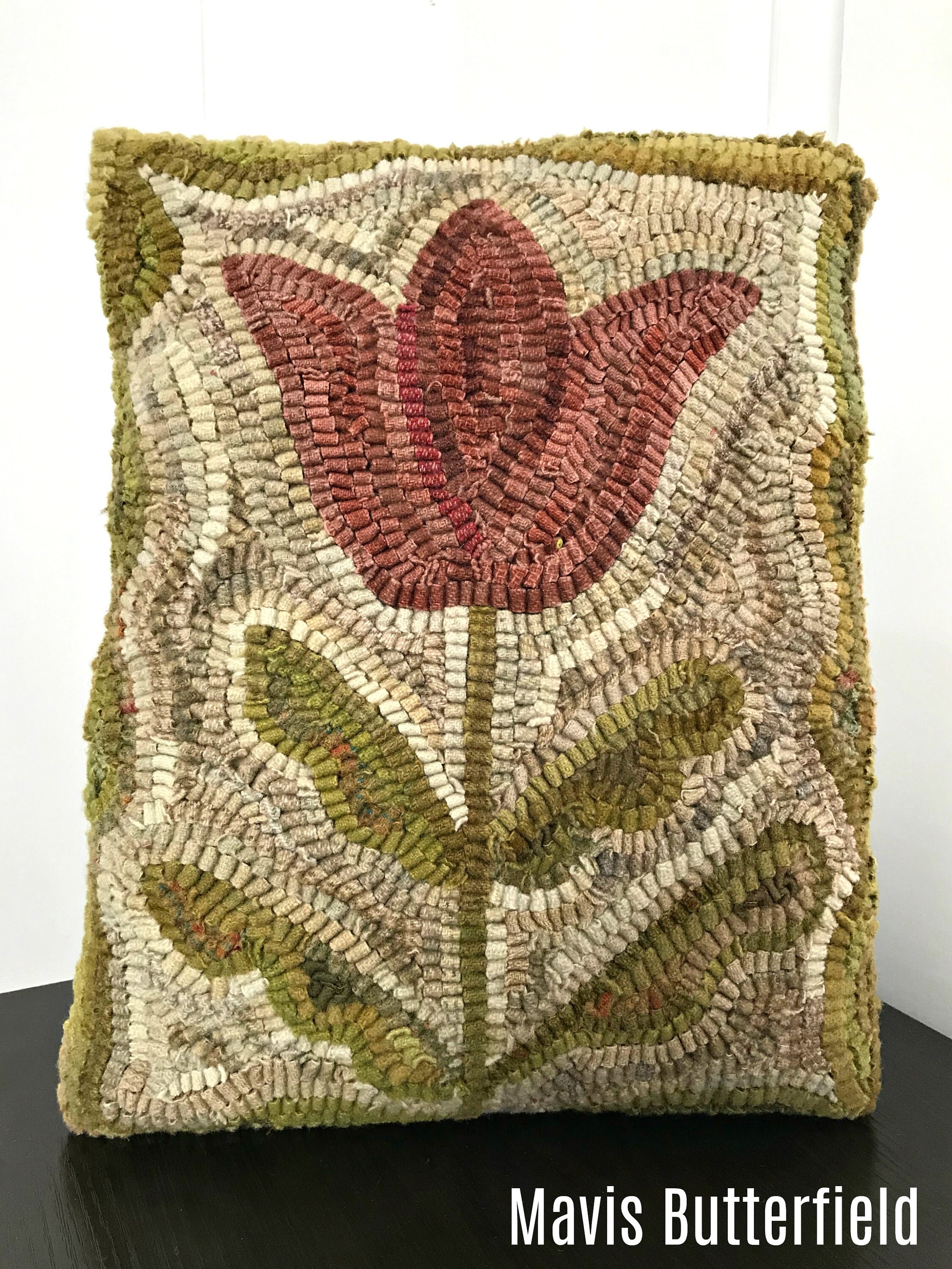 American Folk Art Primitive Wool Hooked Rug Pillow Spring Tulip