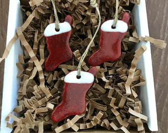 Set of 3 Mini Redware Christmas Stocking Pottery Ornaments ~ Primitive Folk Art