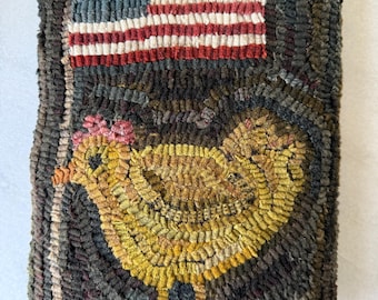 Folk Art Primitive Wool Hooked Rug American Chicken PILLOW ***