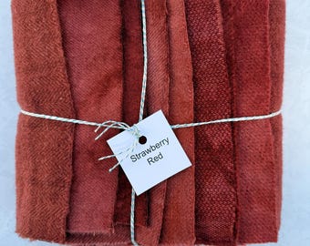 Hand Dyed Wool Fabric, 8 Strawberry Jam Red Fat Sixteenths {1/16} for Primitive Rug Hooking