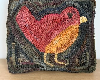 Primitive Wool Folk Art Hooked Rug Miss Robin PILLOW