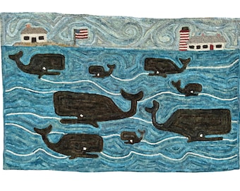 Rug Hooking KIT -  Pod of Black Whales ~ on Linen with Hand Dyed Wool