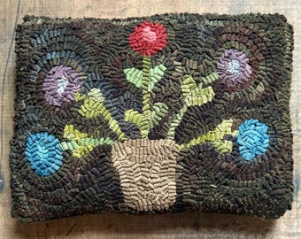 American Folk Art Wool Hooked Rug Pillow -  Flower Basket Pillow