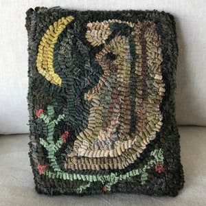 Squirrel and Acorn - Primitive Folk Art Wool Hooked Rug Pillow