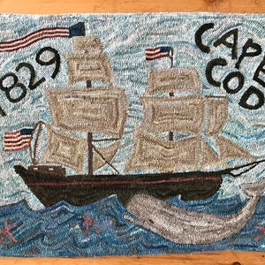Rug Hooking Pattern on Linen - Cape Cod 1829 New England Whale and Sailboat