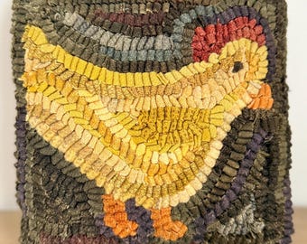 Primitive Folkart Hooked Wool Rug Pillow - Scrappy Chicken