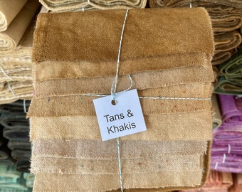 Hand Dyed Wool Fabric, 8 Tan and Khakis Fat 1/16 Sixteenth for Primitive Rug Hooking