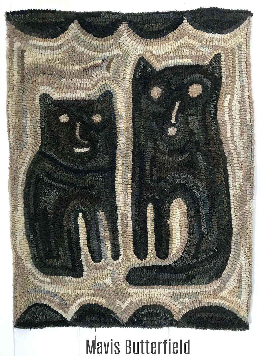 Primitive Wool Cat Pattern Primitive Cat Folk Art Wool Large Twin Kitties Hooked Rug ~ Early Style ...