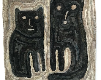 Primitive Cat Folk Art Wool Large Twin Kitties Hooked Rug ~ Early Style ~