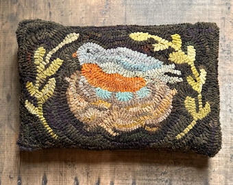 Primitive Wool Folk Art Hooked Rug Pillow ~ Robin In Nest ~ Early Style