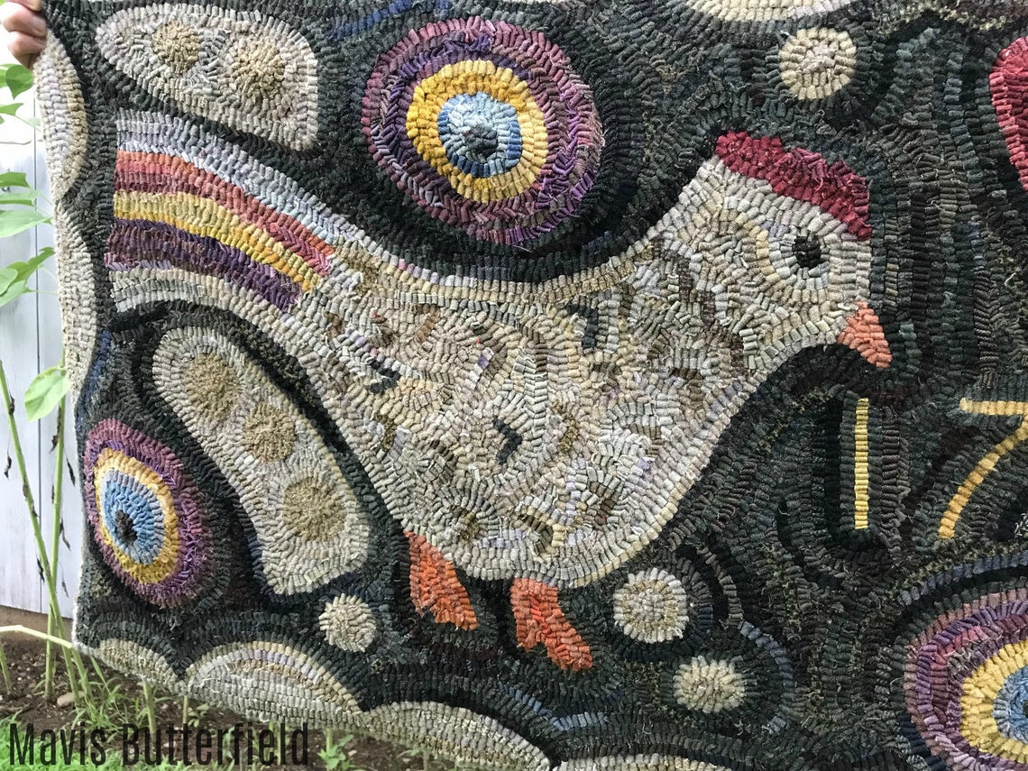 Double Folk Art Chicken Rug Hooking Hooked Pattern on Linen - Early ...